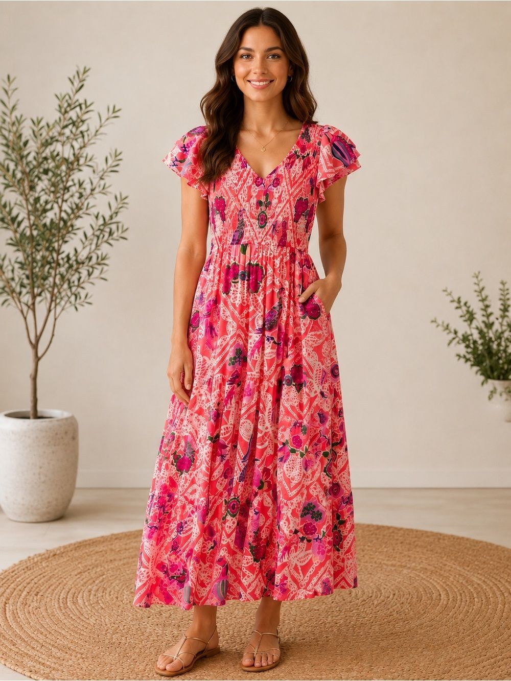 Banjanan Pink Tropical Bird Smocked Midi Dress Boho Resort Cotton Small